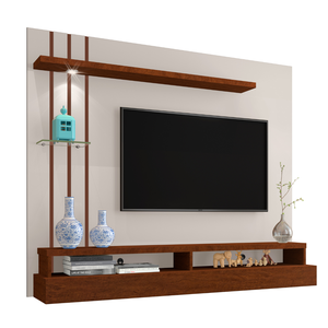 Painel TV até 55'' Com Led, Nichos e Prateleiras:Off White/Canela