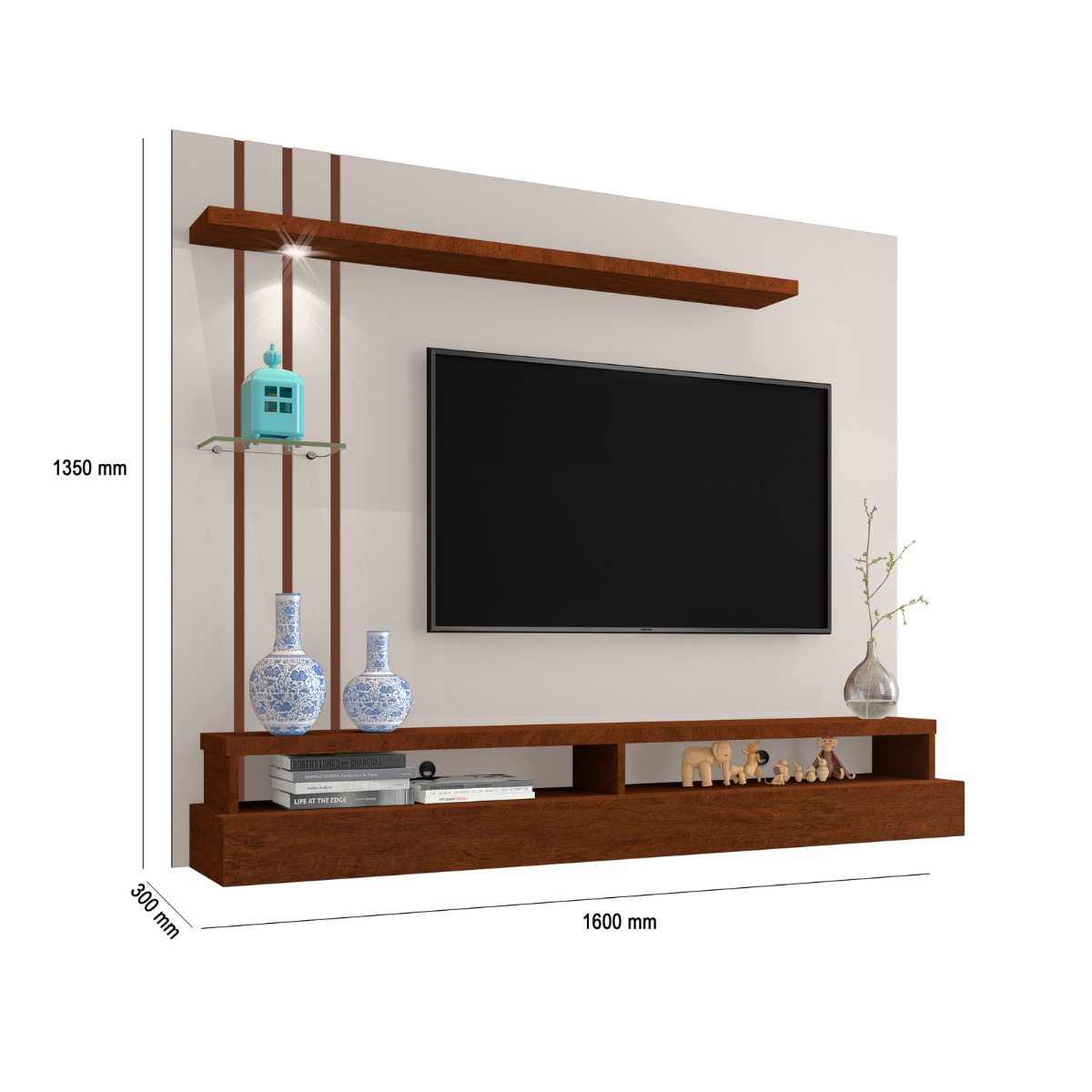 Painel TV até 55'' Com Led, Nichos e Prateleiras:Off White/Canela - 3