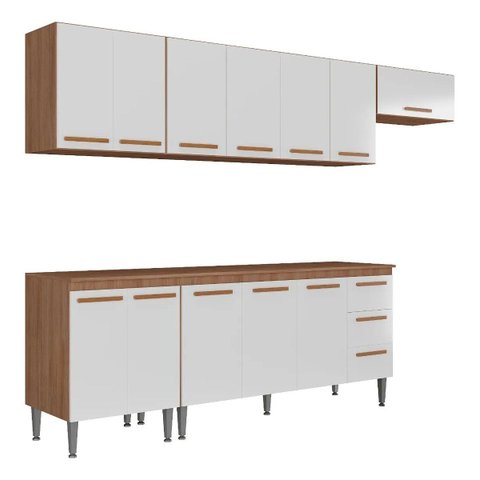 Cozinha Completa Modulada Audi 280cm Luxo com Armário Aéreo e Balcão - Madeirada/Branca