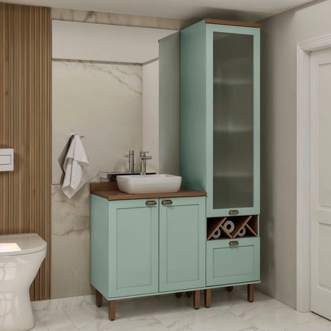 Conjunto de Banheiro Modulado 100% Mdf Americano 2 Peças com Armário de Vidro Iluminata