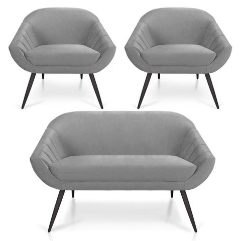 Kit 01 Namoradeira 02 Lugares E 02 Poltronas Giovana Veludo Cinza Pés Palito De Ferro