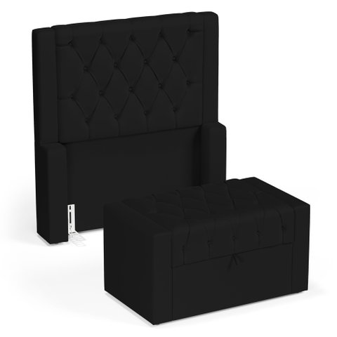 Cabeceira e Calçadeira Báu Solteiro Atena 90cm Capitonê Sintético Preto - Desk Design