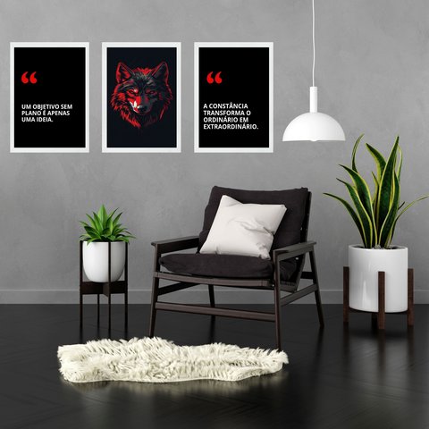 Kit 3 Quadros Motivacionais Empresa Objetivo Lobo 45x34cm - com Vidro:moldura Branca
