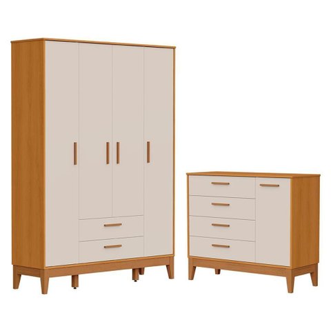 Jogo de Quarto Infantil Flip Guarda Roupa 4 Portas e Cômoda 1 Porta Areia Fosco/savana - Reller Mó