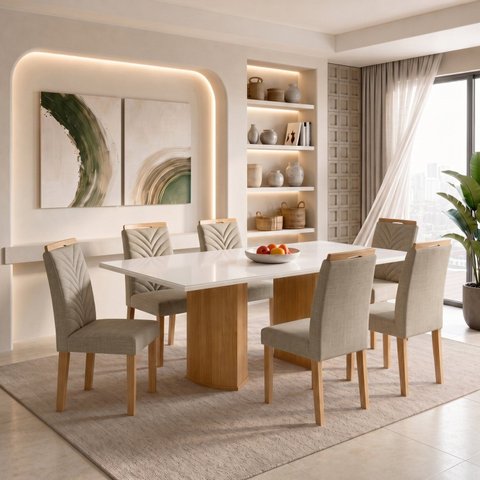 Conjunto de Mesa de Jantar 6 Lugares 160x80cm com Vidro MDF Cinamomo e Off White