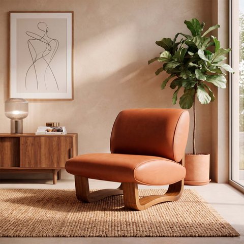 Poltrona Lusso Estofada Design Moderno Estrutura Madeira Cor Champagne Tecido Corino Caramelo