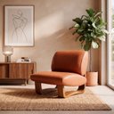 Ver imagem 1 de Poltrona Lusso Estofada Design Moderno Estrutura Madeira Cor Champagne Tecido Corino Caramelo