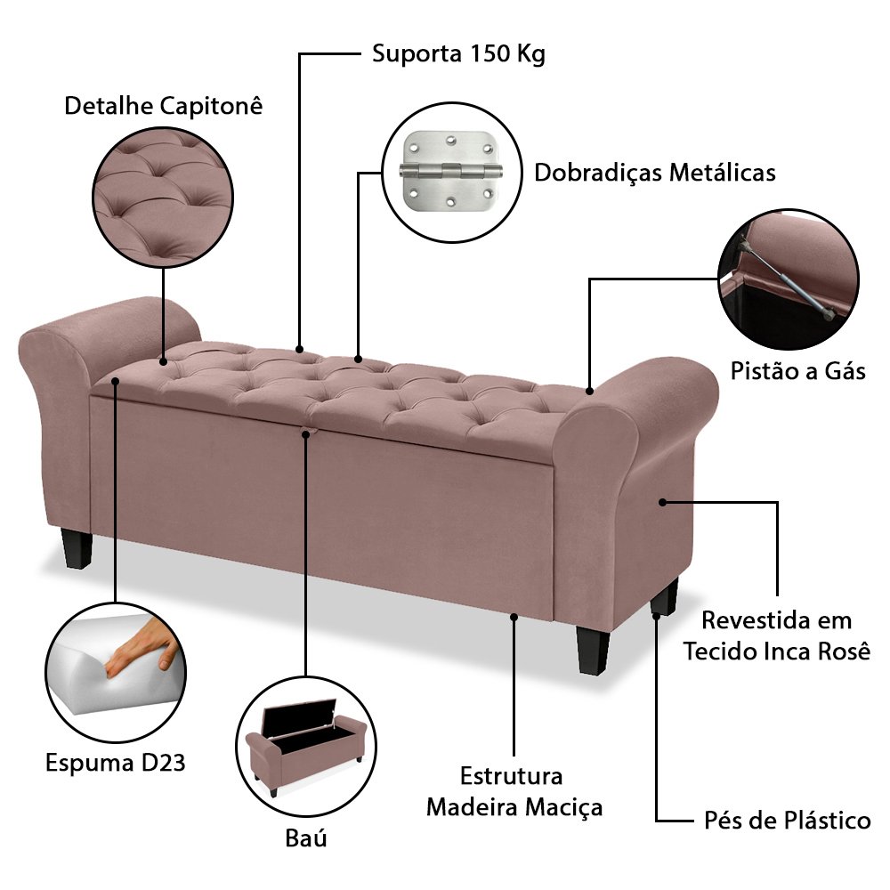 Conjunto Cabeceira Box com Recamier Divã para Cama Queen 1.60 Dubai Inca Rosê - Lh Móveis - 10