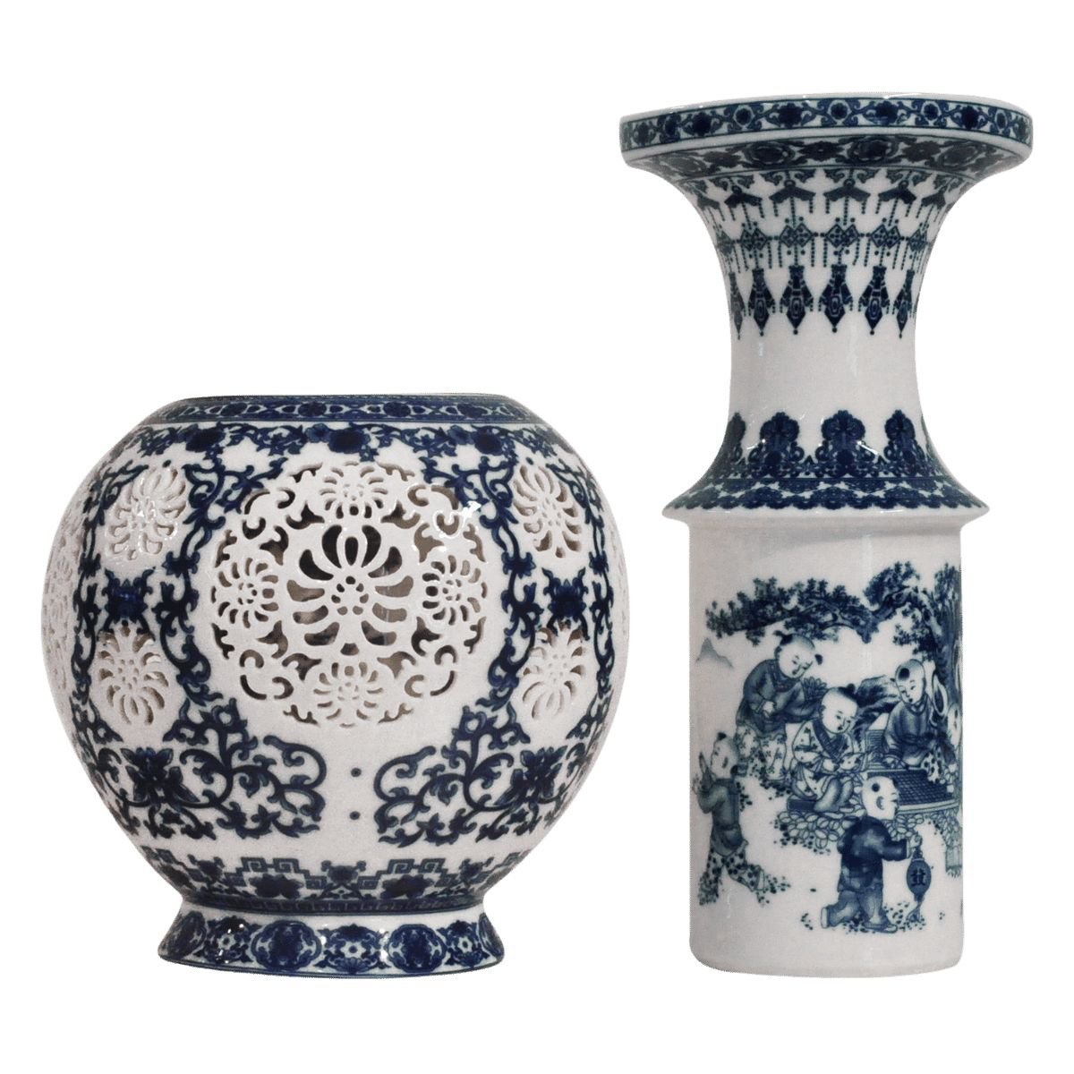 Vaso Em Porcelana Chinesa Vazada, Conjunto De 2 Peças, Cor Branca E Azul (28,5 X 18 Cm) - 2