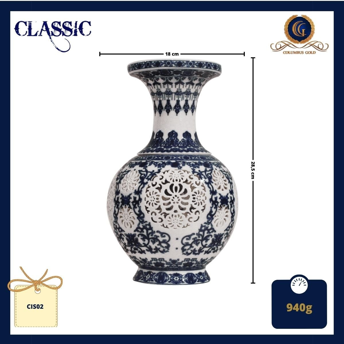 Vaso Em Porcelana Chinesa Vazada, Conjunto De 2 Peças, Cor Branca E Azul (28,5 X 18 Cm) - 3