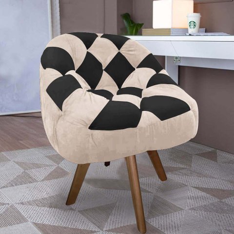 Poltrona Paloma Escritório Sala Giratória Madeira Suede Bege e Suede Preto - Dominic Decor