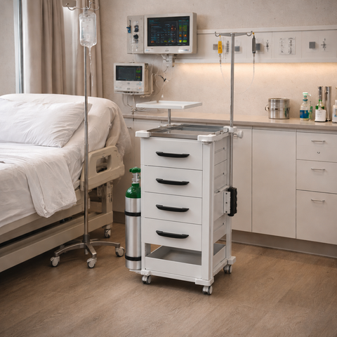 Carrinho de Emergência Hospitalar com Gavetas, Rodinhas e Acessórios - Tampo em Inox