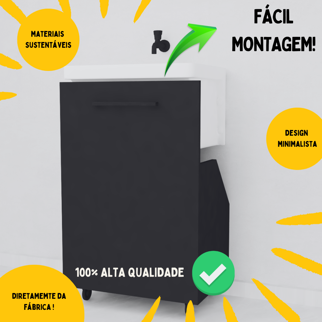 Nicho Gabinete Lavanderia C/ Rodízio Armário Tanque Minimalista Preto - 3