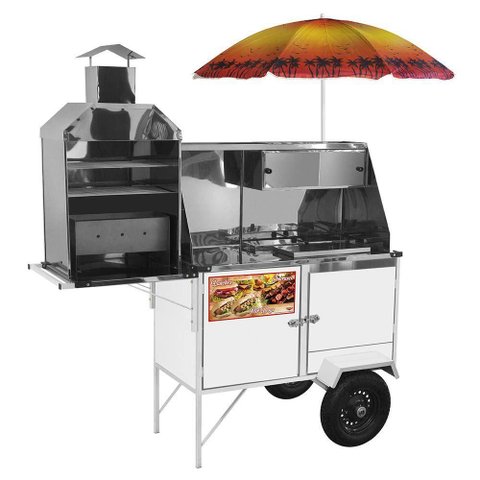 Carrinho 3 em 1 Cefaz Hot Dog, Lanche Churrasco Luxo Branco Rodas Pneumáticas e Guarda Sol Blc12p/