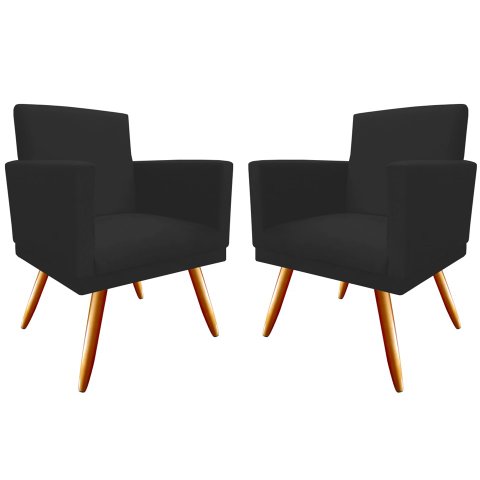Kit 2 Poltronas Decorativa Nina Suede Preto Pés Madeira Mz Decor
