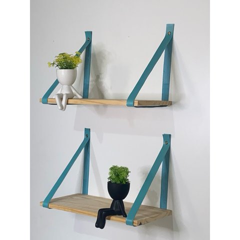 Kit 3 Prateleiras de Pinus - Alça de Couro 40 X19cm:verde Água