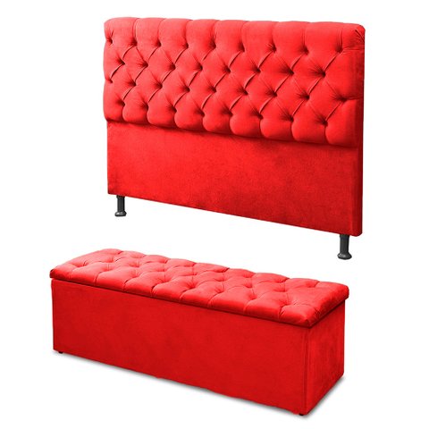 Kit Cabeceira e Calçadeira Baú Sofia Casal 140cm Veludo Vermelho - Montanaris Decor