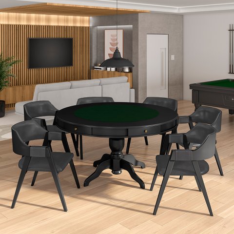 Conjunto Mesa de Jogos Carteado Bellagio Tampo Reversível e 6 Cadeiras Madeira Poker Base Estrela Pu