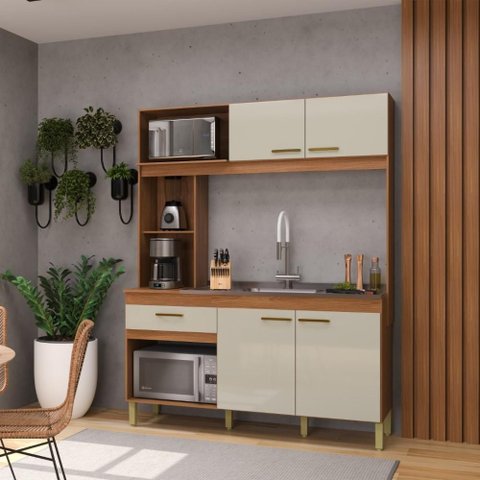 Armário de Cozinha Compacta Fidelitá Xangai 160cm 4 Portas 1 Gaveta sem Tampo e Fundo Freijó/off-