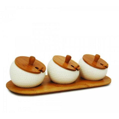 Porta Temperos Bambu 3 Potes com Colher e Tampa Linha Tyft Yoi