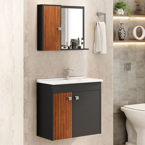 Conjunto para Banheiro Munique Ii Preto Fosco e Naturalle Ripado 3D com Design Moderno