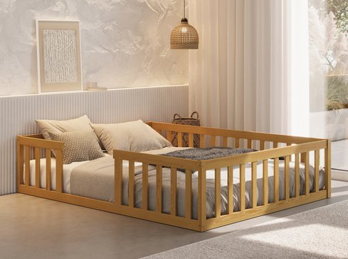 Cama Montessoriana Queen Nemargi Madeira Maciça com Grade Nogueira