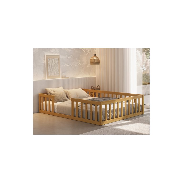 Cama Montessoriana Queen Nemargi Madeira Maciça com Grade Nogueira