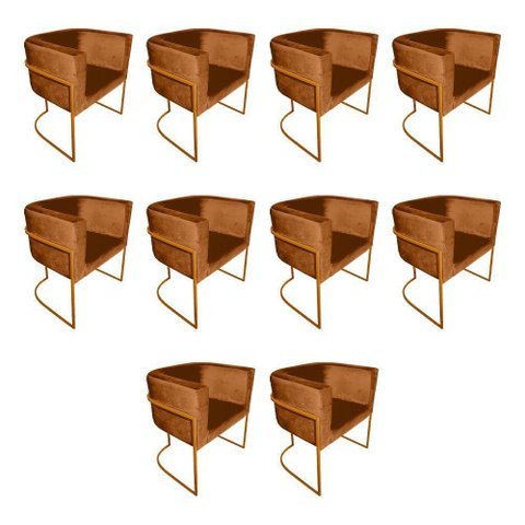 Kit 10 Poltronas Decorativa Sala de Estar Base de Ferro Cobre Veludo Terracota Laranja