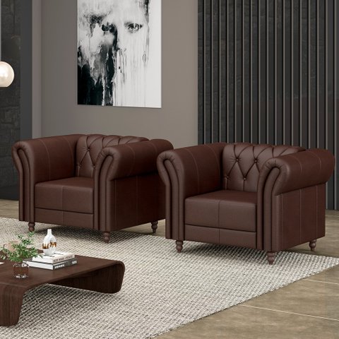 Kit 2 Poltronas Decorativas Sala de Estar Stanford Chesterfield Pés de Madeira Couro Marrom Brilho G