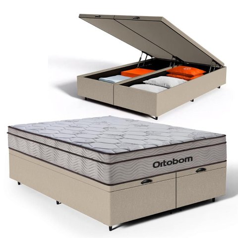 Cama Box Baú com Colchão Ortobom de Molas Ensacadas Pillow In Pro Vida Queen 158cm