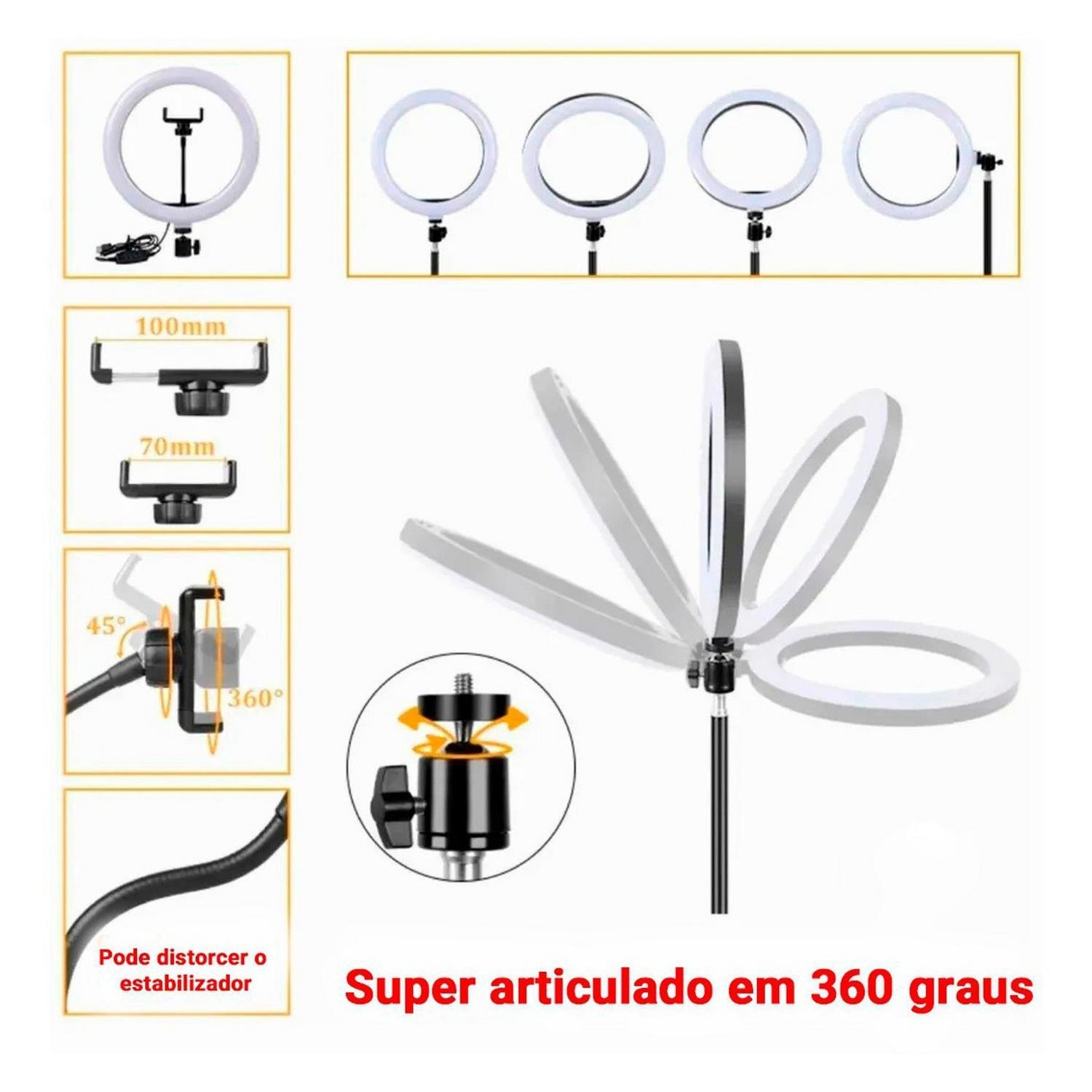 Kit Iluminador Ring Ligth Anel Luz 26cm Fotos Make Tripé 2.1 - 5