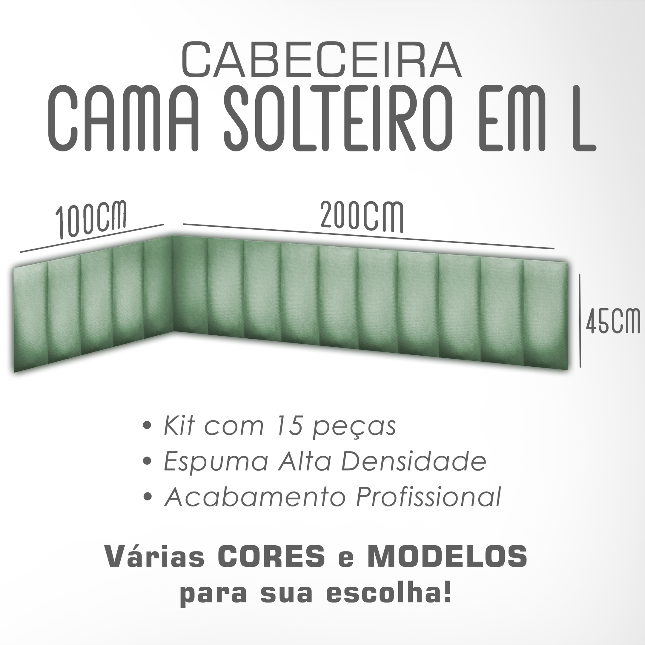 Cabeceiras em L de Cama Solteiro Estofada Modulada 3,00mx45cm - 2