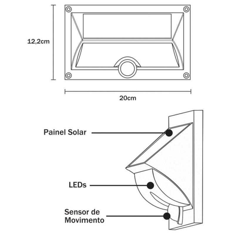 Luminária Solar Arandela Externa ABS com Sensor de Presença LED Branco Quente - 5