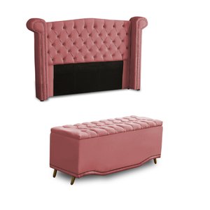 KIT + Cabeceira Com Recamier Baú Dunas Princesa em captonê 1,40 Casal Cama Box Rose veludo Dalaqua-D