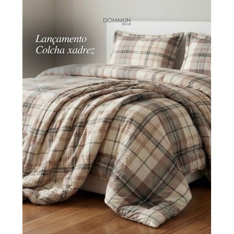 Colcha Digital Elegance King Xadrez Taupe