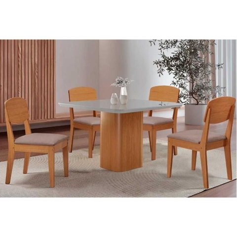 Conjunto: Mesa de Cozinha Maldivas C/ Tampo Madeirado C/ Vidro Canto Curvo 90x90cm e 4 Cadeiras