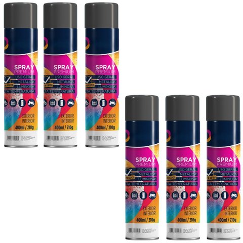 Tinta Spray 400ml Preto Brilhante Uso Geral em Aço Ferro Gesso Cerâmica Couro | Universo | Kit 06 Un
