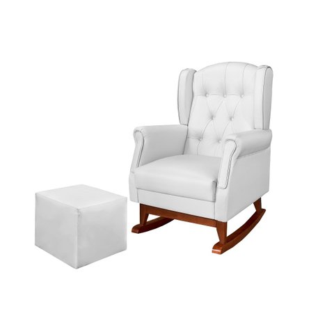 Poltrona de Amamentação Leticia Canoa Balanço com Puff Reto Maternidade Corino Branco - Phoenix Baby