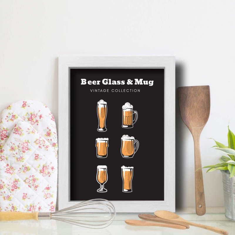 Quadro Cozinha Cerveja Glass & Mug 22x32cm Moldura Branca - 1