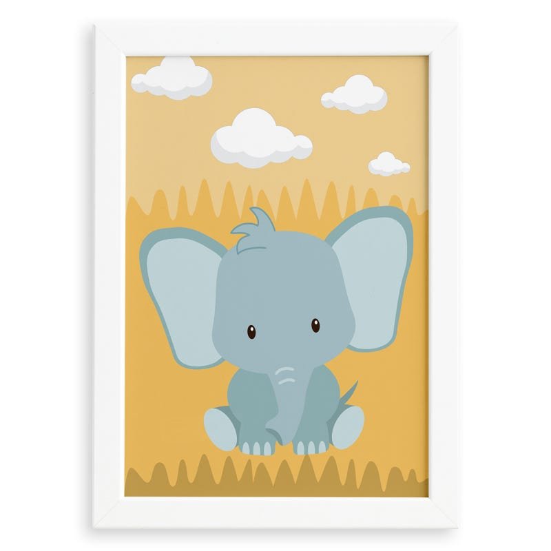 Quadro Infantil Safari Elefante Quarto Moldura Branca 22x32 - 1