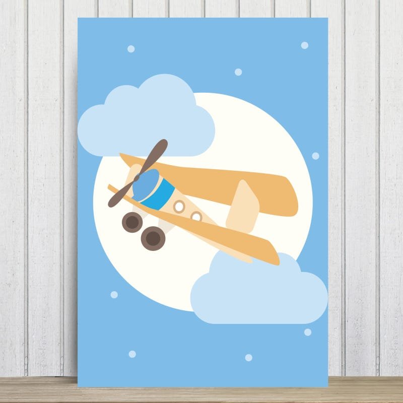 Placa Decorativa para Quarto Infantil Azul Avião e Lua 30x40 - 1