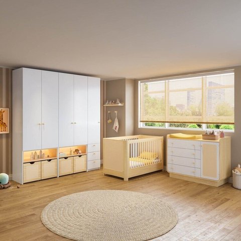 Conjunto Infantil com Berço, Cômoda e Guarda Roupas Modulados Wave Casatema MadeiraOriginals Branco/Marrom