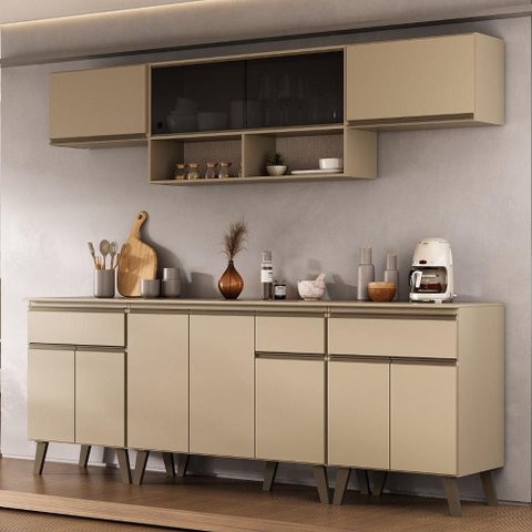 Armário de Cozinha Completa Atlanta Smart C Vidro Carraro Amêndoa