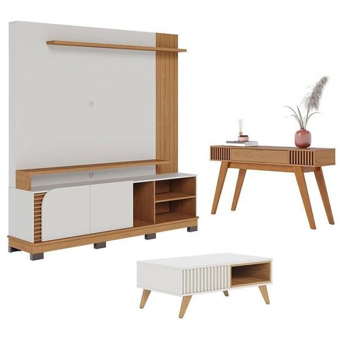 Estante Home Theater Jurerê 1.8 com Mesa de Centro Jeri Off White Matte Freijó e Aparador Riviera