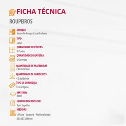 Guarda Roupa Casal Coliseu 100 Mdf 6 Portas e 6 Gavetas Moderna Mobília - 6