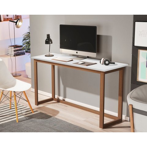 Mesa de Estudo 120cm Branca para Quarto Pequeno Pés Madeira