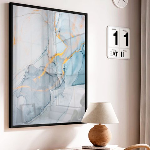 Quadro Decorativo Abstrato Mármore Azul Suave em Moldura Caixa TaColado Moldura Trad 1cm Branca com 