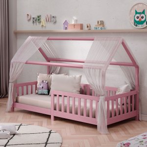 Cama Infantil Montessoriana Casa Madeira com Estrado Nina Rosa