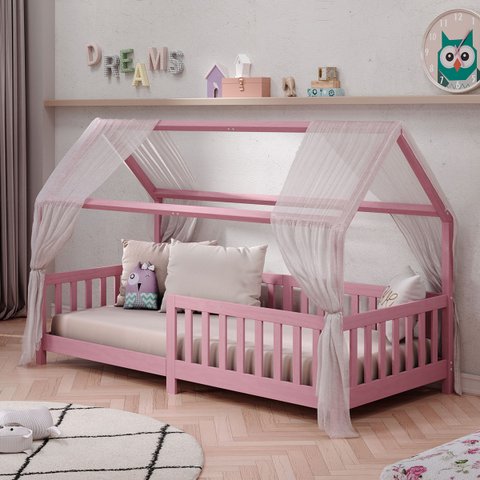 Cama Infantil Montessoriana Casa Madeira com Estrado Nina Rosa Idimex