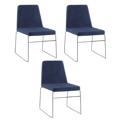 Kit 3 Cadeiras Decorativa Sala de Jantar Anne Linho Azul Marinho G17 - Gran Belo